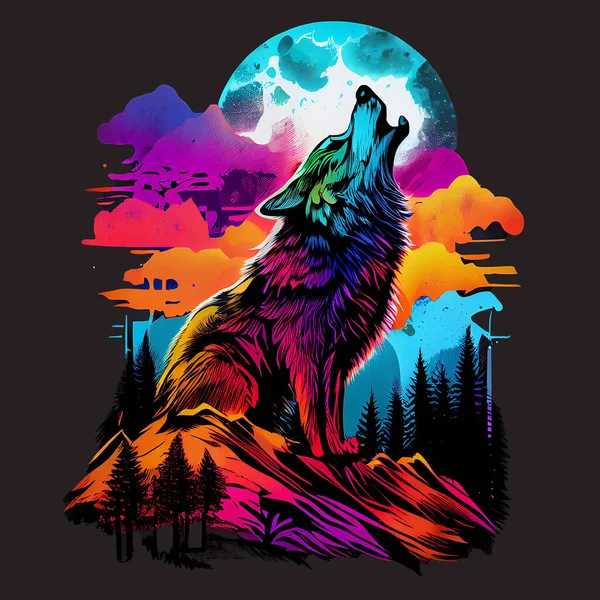 Wolf howling at the moon. Synthwaves coloring, vivid colors. Graphic template design with nature and animal. T-Shirt illustration.