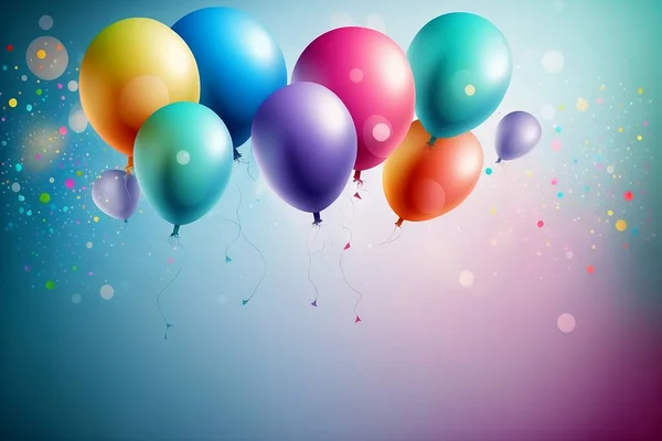 Background with bundle of colorful flying balloons. Warm light. Glittering Soaring into the Sky. Template design for new year, celebration. Copy space for text. Fresh beginning. Vivid colors.