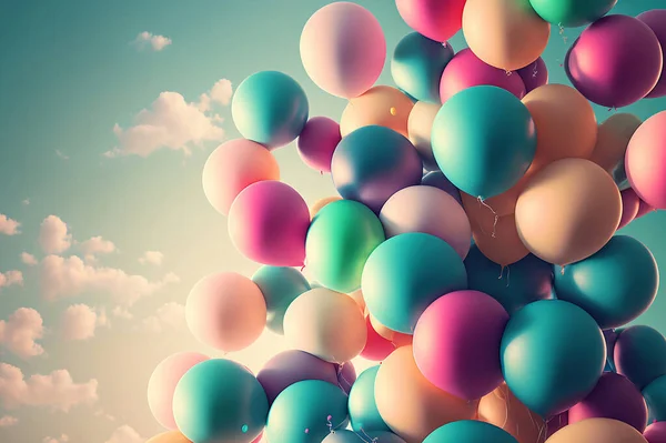 Pastel balloons on blue cloudy sky. Background with copy space. Colorful screen. Ethereal Celebration of Joy and Wonder as Balloons Soar into the Sky. Copy space for your graphic design.