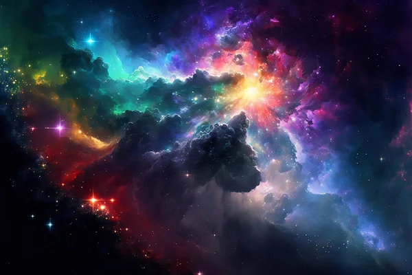 Artistic painting  vision of colorful cosmos full of stars and piercing light. Background with galaxy and nebula. Cloudy clouds. Backdrop for your desktop or wallpaper. Graphic design illustration.