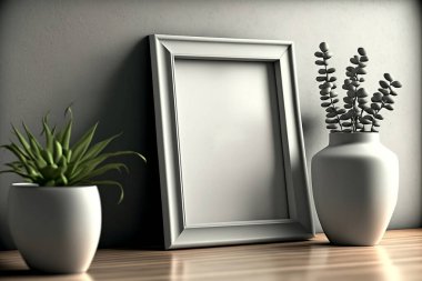 Frame Mockup. White background leaning against the wall, standing on the desk. Empty, blank space for your artwork or advertisement. 3D rendering. Green plants. Natural light, shades.