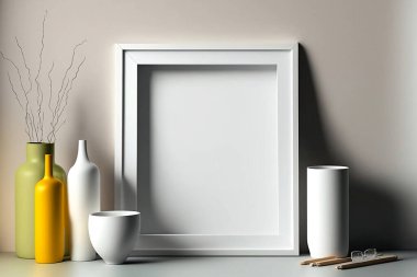 Frame Mockup. White background leaning against the wall, standing on the desk. Empty, blank space for your artwork or advertisement. 3D rendering. Green plants. Natural light, shades.