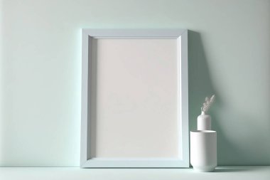 Mockup frame, interior, inside. Stylized background for your artwork or graphic design, advertisement. Close-up of a large frame. Pastel ambient colors.