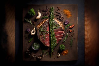 Whole fried, grilled steak, sliced, which lies on an oak board. Spices and herbs all around. Beef meat on a wooden background. The whole backdrop is dark, black. Dark photo stylization. 3D rendered. Top view.