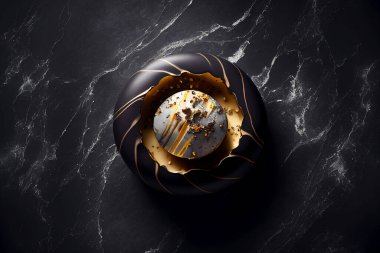 Chocolate dessert. Marble texture. Top view. An exclusive dessert. Black and white marble dark background. Moody light, food photography stylization. 3D rendered. Testy and delicious.