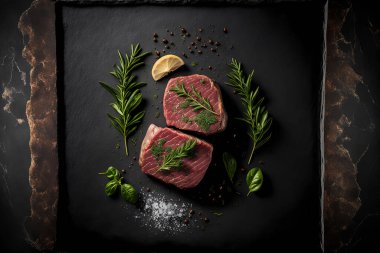 Top view of a raw beef steak lying on a dark background. Piece of meat on chalkboard or schist stone. Spices and herbs all around. Dark moody photography stylization. 3D rendered. Food.