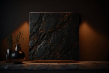 Marble stone slab leaning against the wall. Dark colors and mood lighting. Mockup frame. Texture background. Empty, blank space for your artwork or advertisement. 3D rendering. 