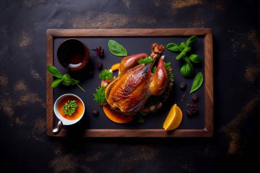 Grilled chicken top view, from above. Popular meat dish. Dark stone background. Moody light. Studio food photography stylization. 3d rendered.