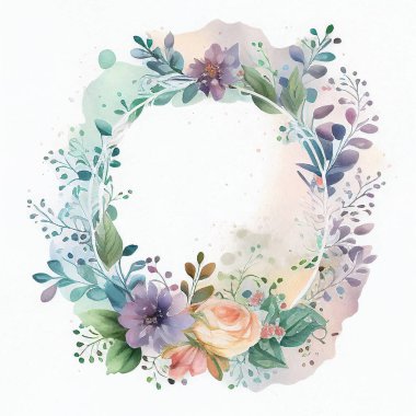 Çiçekli çerçeve çizimi. Çiçek çelengi. Çiçekli, yapraklı, dallı suluboya arkaplan. Düğün için grafiksel tasarım, davetiye kartı. Şablon açılıyor. Pastel renkler. 