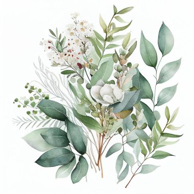 Bir buket çiçek ve pastel renkli yapraklar. Suluboya arkaplan çizimi. Sanat çalışman için bir şablon. En iyi davetiye, düğün davetiyesi, selamlama. 