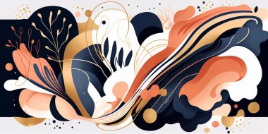 Modern soyut arka plan. Panoramik tasarım. Suluboya grafik. Fildişi, bej, lacivert, terracotta gibi renkler. Davetiye, düğün, kartvizit şablonu. 