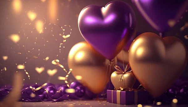 Celebration background, gold and purple colored balloons. Gifts and confetti, glittering heart shape balloons. Festive background for New Year or Valentine\'s Day or any other holiday.