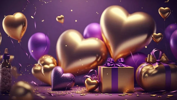 Celebration background, gold and purple colored balloons. Gifts and confetti, glittering heart shape balloons. Festive background for New Year or Valentine\'s Day or any other holiday.