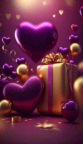 Celebration vertical background, gold and purple colored balloons. Gifts and confetti, glittering heart shape balloons. Festive background for New Year or Valentine\'s Day or holiday.