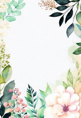 Floristic template invitation. Empty, blank space for description, tilte. Watercolor blooming frame with flowers and leaves. Floral background illustration. Wreath. Graphic design.