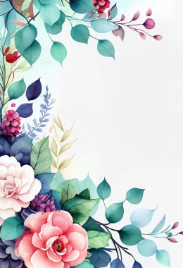 Floristic template invitation. Empty, blank space for description, tilte. Watercolor blooming frame with flowers and leaves. Floral background illustration. Wreath. Graphic design.