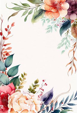 Floristic template invitation. Empty, blank space for description, tilte. Watercolor blooming frame with flowers and leaves. Floral background illustration. Wreath. Graphic design.