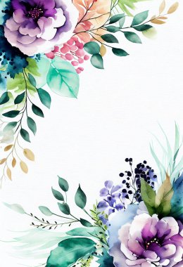 Floristic template invitation. Empty, blank space for description, tilte. Watercolor blooming frame with flowers and leaves. Floral background illustration. Wreath. Graphic design.