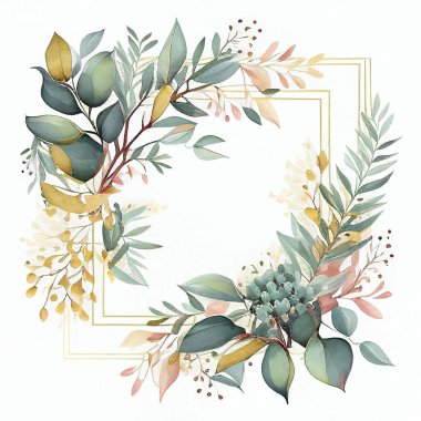 Floral frame illustration. Flower Wreath, square. Watercolor background with flowers, leaves, twigs. Graphic design template for wedding, invitation card. Blooming. Pastel colors.