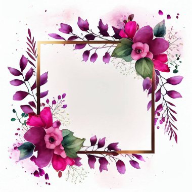 Floral frame illustration. Flower Wreath, square. Watercolor background with flowers, leaves, twigs. Graphic design for wedding, invitation card. Blooming template. Magenta colors.