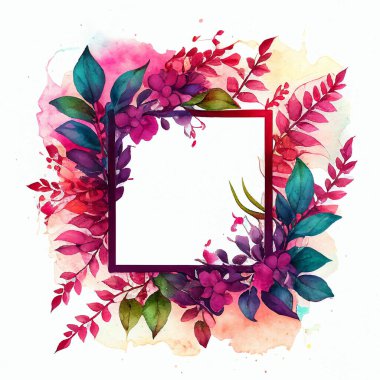 Floral frame illustration. Flower Wreath, square. Watercolor background with flowers, leaves, twigs. Graphic design for wedding, invitation card. Blooming template. Magenta colors.