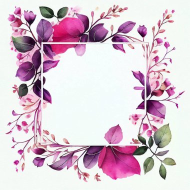 Floral frame illustration. Flower Wreath, square. Watercolor background with flowers, leaves, twigs. Graphic design for wedding, invitation card. Blooming template. Magenta colors.