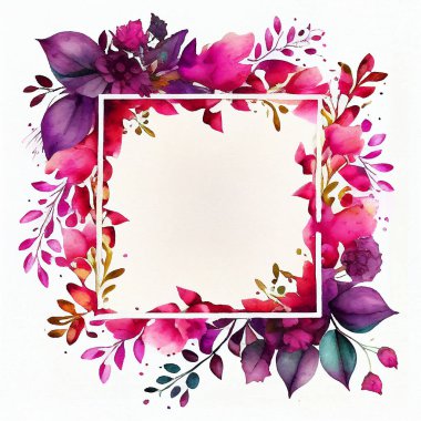 Floral frame illustration. Flower Wreath, square. Watercolor background with flowers, leaves, twigs. Graphic design for wedding, invitation card. Blooming template. Magenta colors.