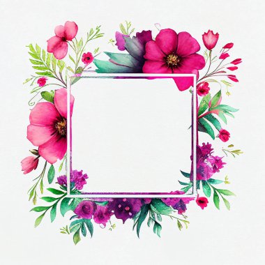 Floral frame illustration. Flower Wreath, square. Watercolor background with flowers, leaves, twigs. Graphic design for wedding, invitation card. Blooming template. Magenta colors.