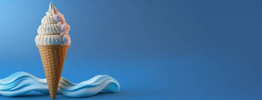 Ice cream cone close-up on a wafer with chocolate topping. Blue color with a forest or berry, blueberry flavor. Sweet dessert decorated with colorful sprinkles, closeup. Copy space.