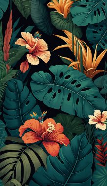 Illustration of tropical pattern with rainforest plants like leaves, fruits and flowers. Tropical wallpaper background. Natural light, pastel colors. Modern composition art.
