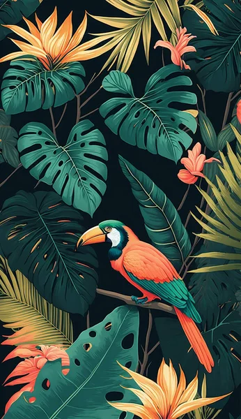 Tropical pattern with rainforest plants and birds like leaves, fruits and flowers. Tropical wallpaper background. Natural light, pastel colors. Modern composition art. Generative AI.