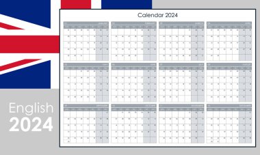 2024 takvim şablonu. Her gün için yıllık organizatör. Hafta pazartesi başlıyor, İngilizce