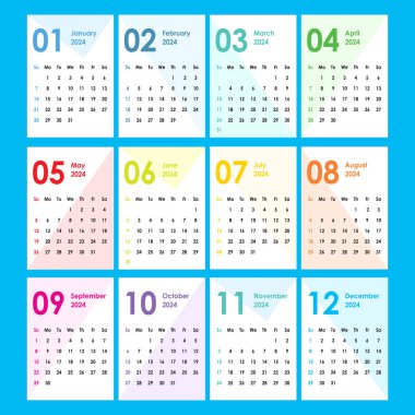 Takvim 2024. Geometrik renkli şekiller arka planı. Pazar günü. Cep kartları. Duvar, ofis takvimi. İngilizce.