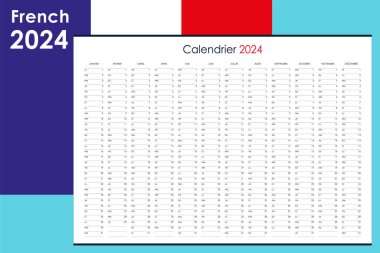 2024 için planlama takvimi. Duvar düzenleyicisi, yıllık şablon. Bir sayfa. 12 aylık bir set. Fransızca