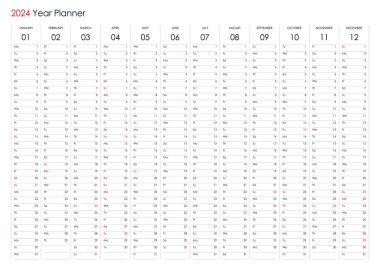 2024 için planlama takvimi. Duvar düzenleyicisi, yıllık şablon. Bir sayfa. 12 aylık bir set. İngilizce