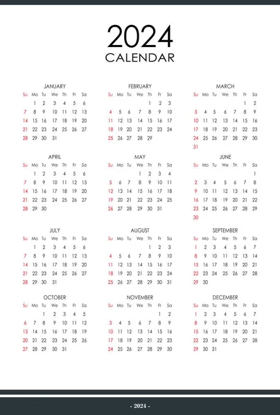 Modèle Calendrier 2024 Organisateur Planificateur Annuel Pour Tous Les Jours — Image vectorielle