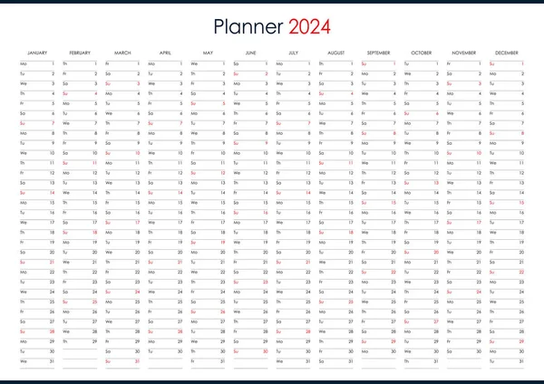 Календарь Планирования 2024 Год Настенный Организатор Искушающий Одна Страница Набор — стоковый вектор