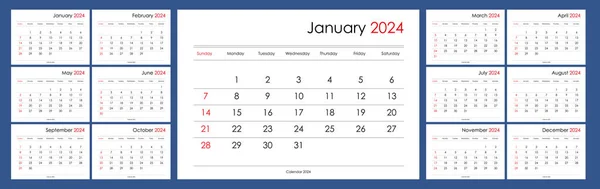 2024 Calendar Template Yearly Planner Organizer Every Day Week Starts — Stock Vector