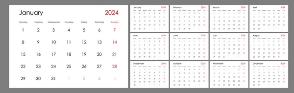 Calendar Template 2024 Yearly Planner Organizer Every Day Week Starts — Stock Vector
