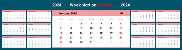 Modelo Calendário 2024 Organizador Planejador Anual Para Cada Dia Semana — Vetor de Stock