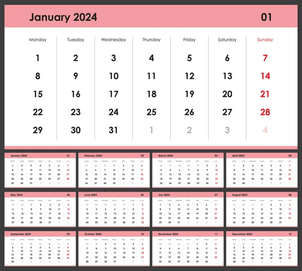 Modèle Calendrier 2024 Organisateur Planificateur Annuel Pour Tous Les Jours — Image vectorielle
