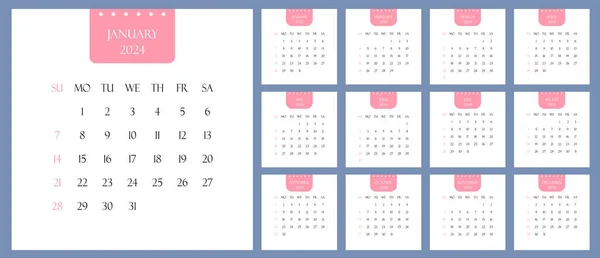 2024 Plantilla Calendario Organizador Anual Planificadores Para Cada Día Semana — Archivo Imágenes Vectoriales