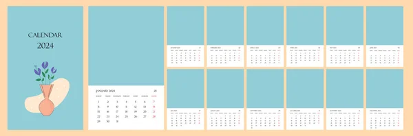 Calendar 2024 Planner Template Copyspace Vertical Simple Layout One Page — Stock Vector