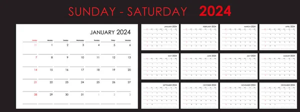 Kalendervorlage 2024 Jahresplaner Für Jeden Tag Woche Beginnt Sonntag Englisch — Stockvektor