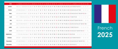 Doğrusal takvim 2025. Yatay ızgara, yıllık planlayıcı, Fransızca, basit şablon.