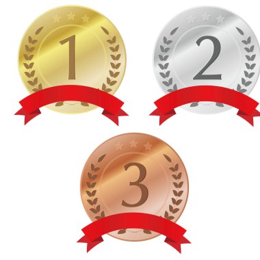 Kırmızı kurdeleli 1., 2. ve 3. madalyaların illüstrasyonu.