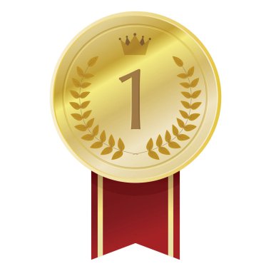 Altın resimli, altın çizgili kırmızı kurdeleli madalyalar.