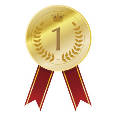 Altın çizgili kırmızı kurdeleli birincilik madalyası.