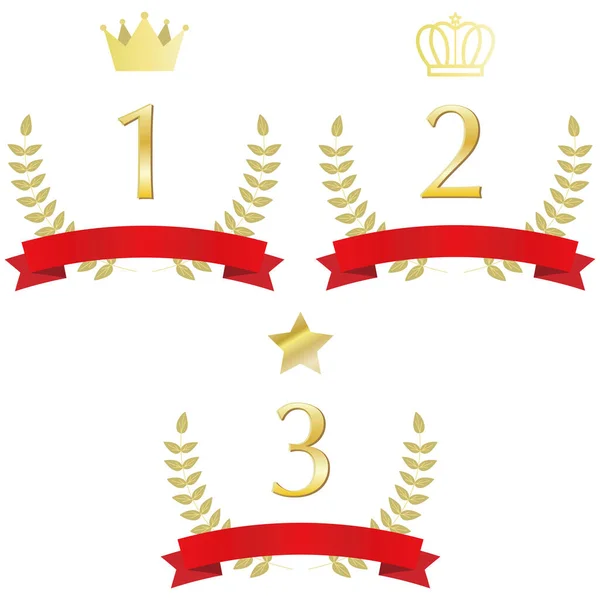 用皇冠 星星和红丝带装饰的第1 第2和第3个月桂树饰物的图解集 — 图库矢量图片