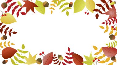 Çeşitli sonbahar yaprakları ve meşe palamutlarının çerçeve arkaplan çizimi.